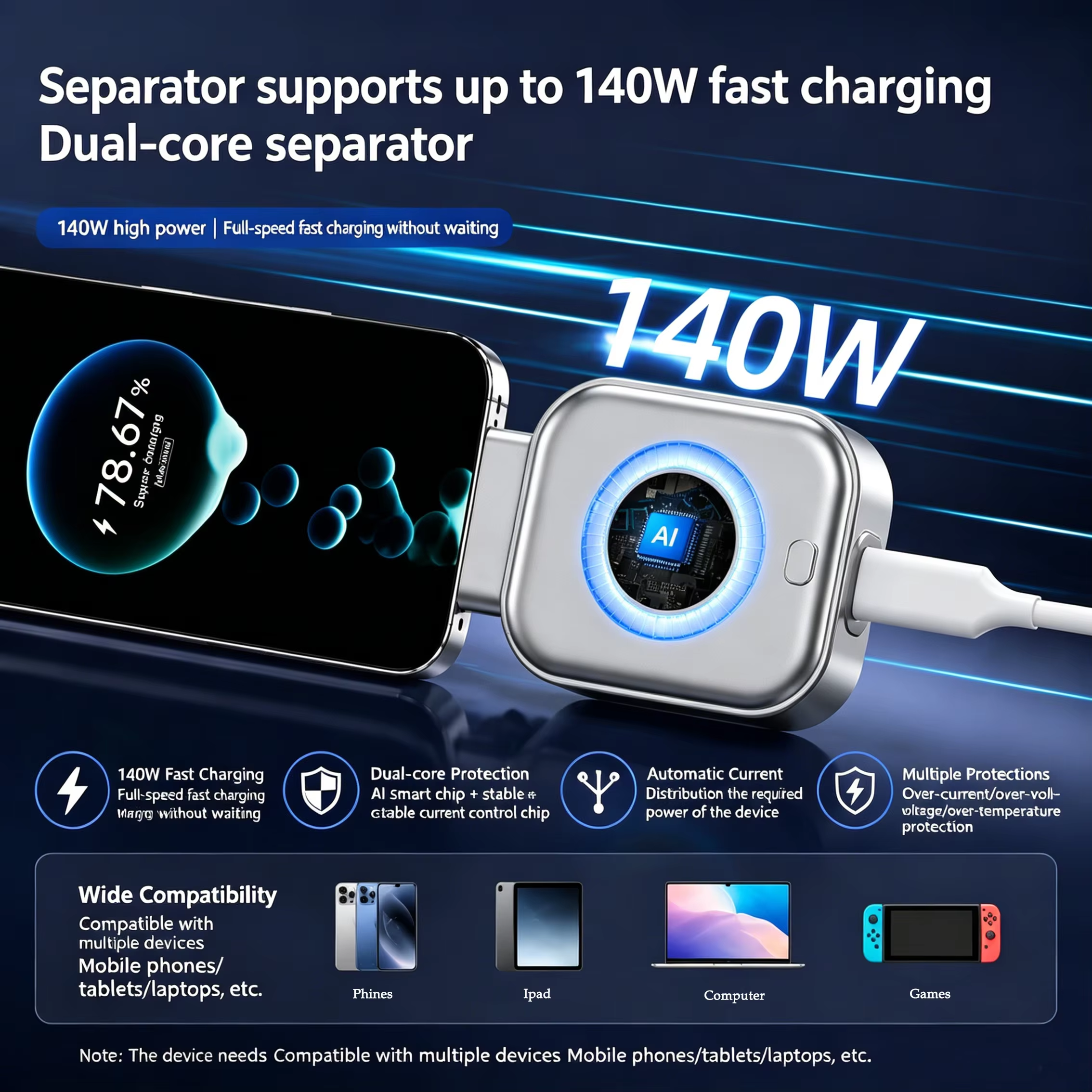 Akıllı Şarj Ayırıcıi Adaptör 140W Hızlı Şarj